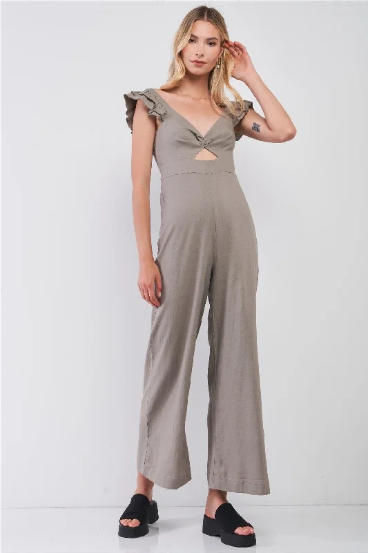 Taupe Linen V-Neck Sleeveless Ruffle Shoulder Detail Wide Leg Jumpsuit /2-2-1VNeckTopMarine