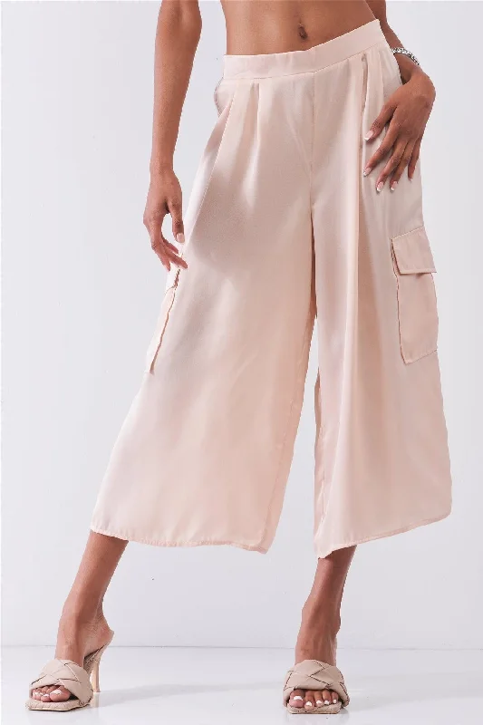 Yoga PantsBlush Pink Chiffon Mid-Rise Cargo Pockets Detail Wide Leg Pants /1-2-2-1