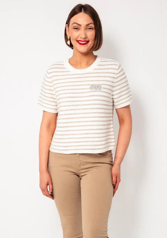 Oui Embellished Striped Short Sleeve Jumper, BeigeKnit Sleeveless