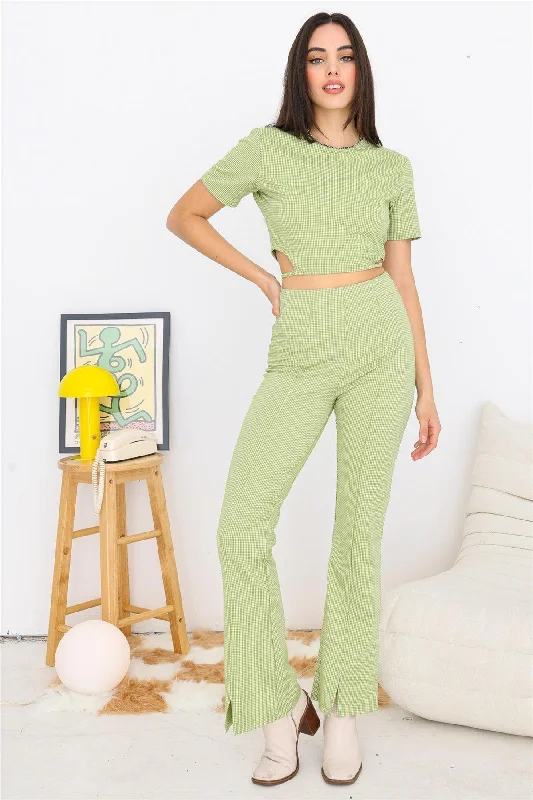 Tactical PantsGreen & White Plaid Cut-Out Drawstring Hem Crop Top & High Waist Pants Set /3-2-1