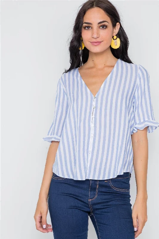 Light Blue Stripe V-Neck Casual Stripe Button Down /3-2-1VNeckTopNova