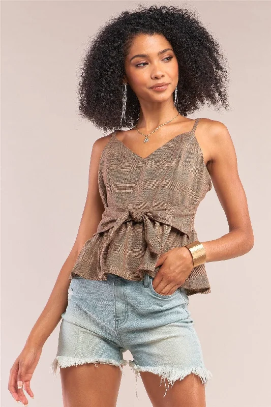 Brown Checkered Print Sleeveless V-Neck Self-Tie Waist Detail Flare Top /1-2-2-1VNeckTopPlatinum