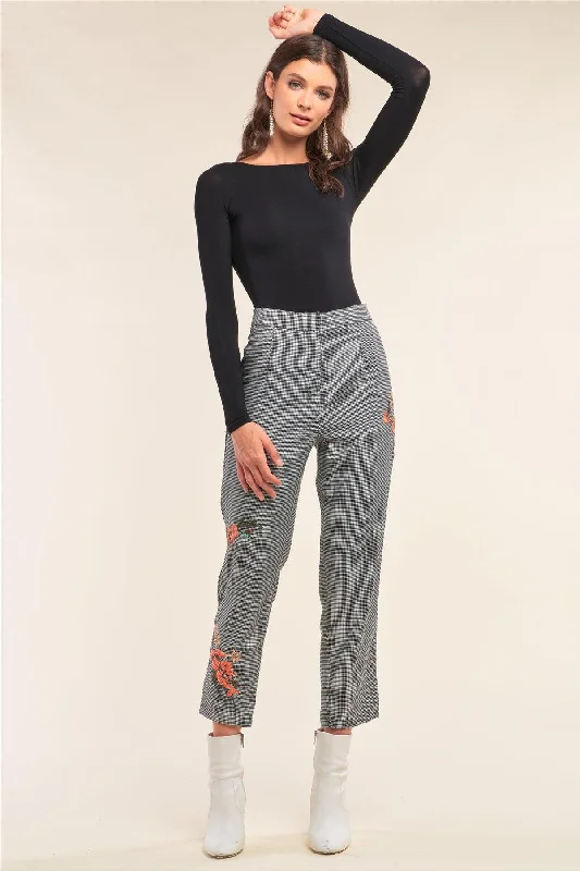 Bell-bottomsBlack White Houndstooth Print Embroidery Capri Pants