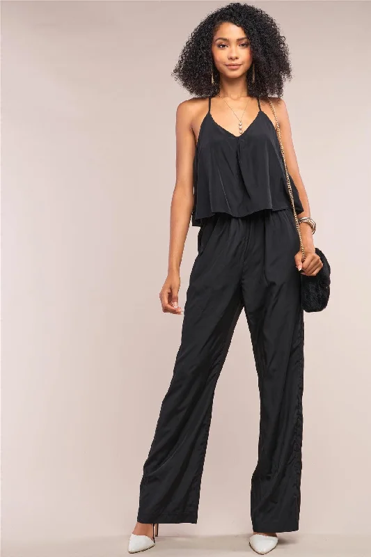 Black Sleeveless V-Neck Razor Back Layered Trim Wide Leg Jumpsuit /1-3-1VNeckTopHalo