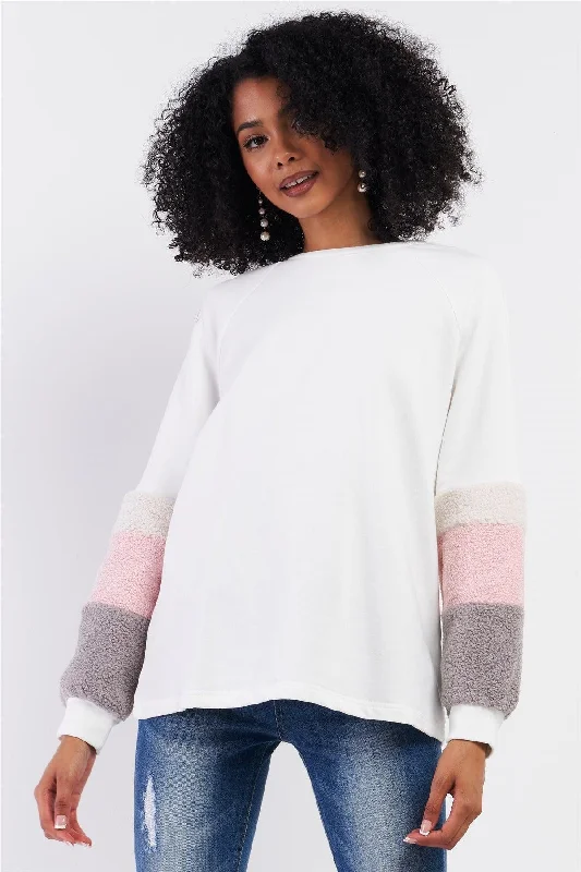 White Multi Color Faux Shearling Detail Long Sleeve Sweater /1-2-2-1