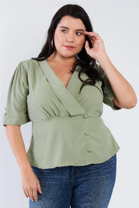 Junior Plus Size Sage Green V-Neck Mock Side Button Peplum Top /2-2-2VNeckTopSteel