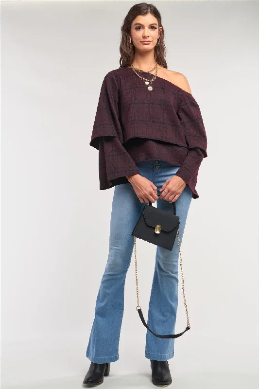 Plum Navy Plaid One-Shoulder Long Sleeve Loose Fit Layered Top /1-2-3