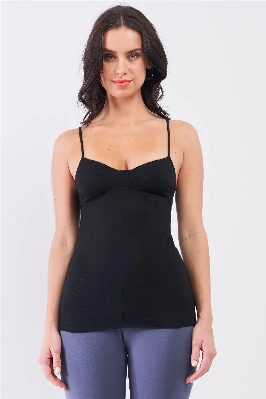 Black Sleeveless V-Neck Stitching Detail Basic Cami Top /1-1-1-2-1VNeckTopGlow