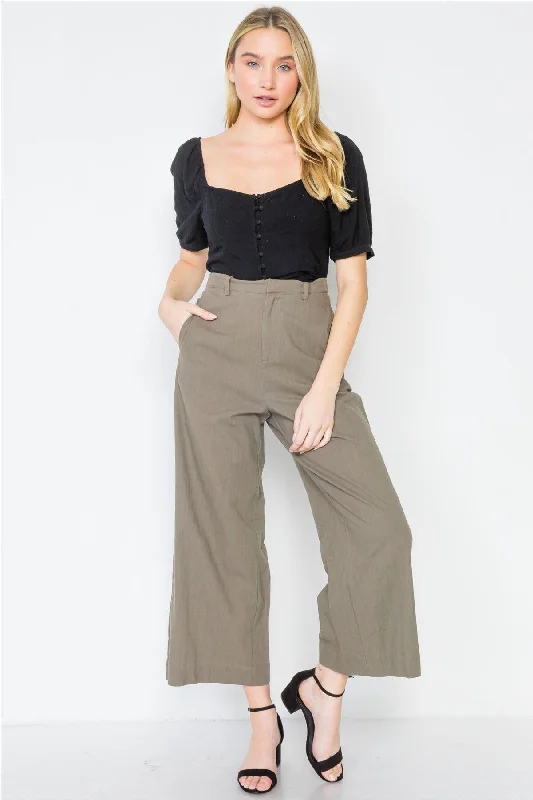 Printed PantsKhaki Olive High-Waist Wide Leg Pants