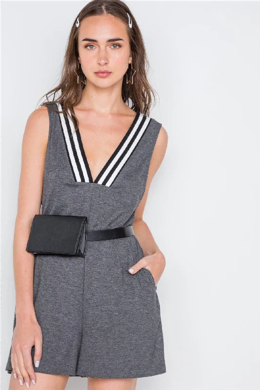 Charcoal Contrast V-Neck Loose Fit Romper /2-2-2VNeckTopAqua