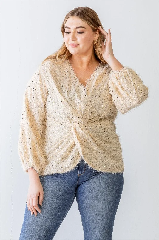 Junior Plus Tan Fuzzy Sequin Wrap Detail Long Sleeve Sweater /3-2-1