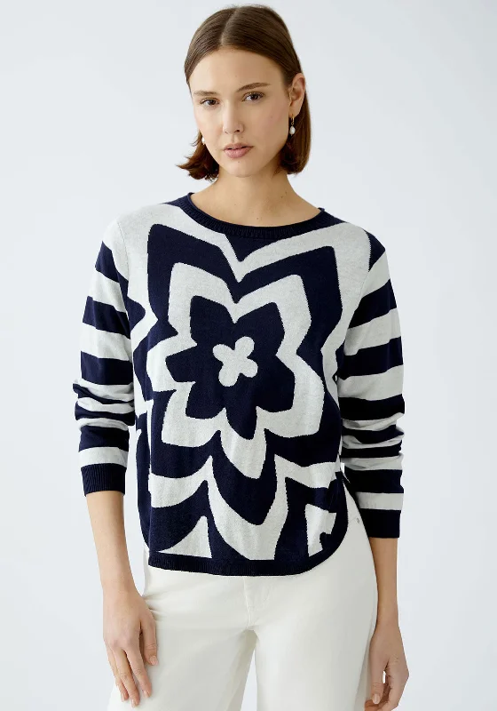 Oui Floral Intarsia Knit Jumper, NavyKnitted Turtleneck