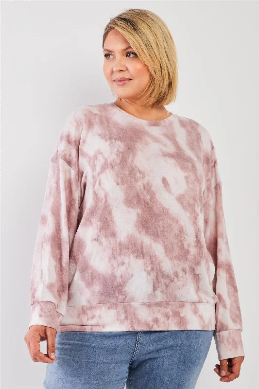 Junior Plus Mauve Tie-Dye Ruched Back Detail Long Sleeve Sweatshirt Top /3-2-1