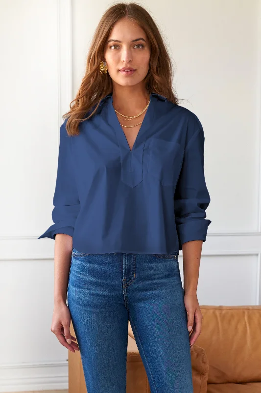 Joni Popover Shirt Navy Silky PoplinLeather-Paneled Shirts