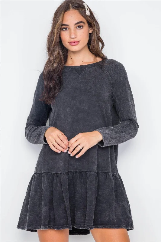 Black Casual Shirred Hem Long Sleeve Dress