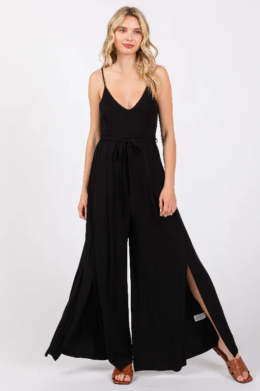 Black Sleeveless V-Neck Split Hem JumpsuitVNeckTopCoral