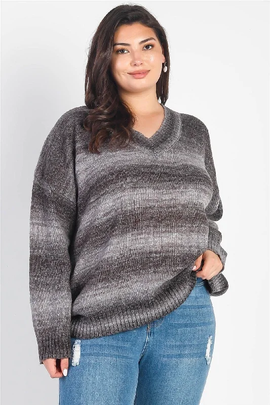 Junior Plus Grey & Black Gradient Knit V-Neck Sweater /2-2-1VNeckTopPlus