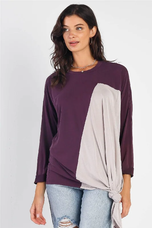 Plump Color Block Long Sleeve Twist Tie Detail Top /1-1-1