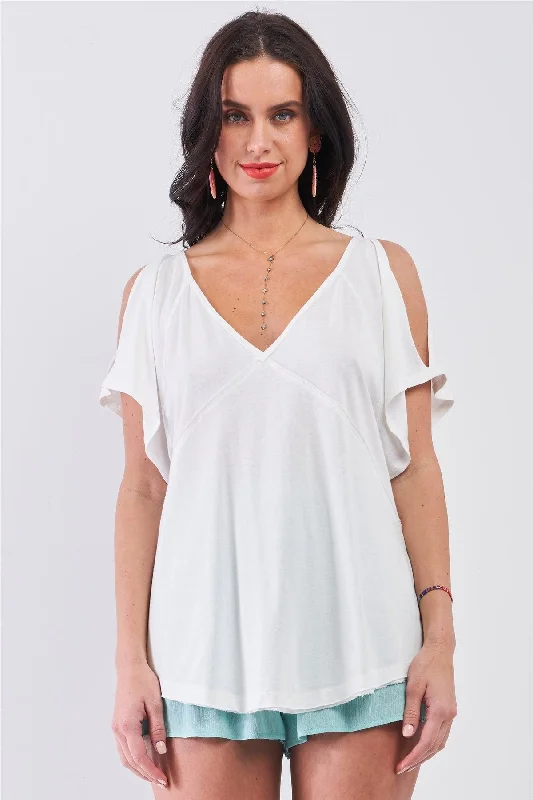 White Cut-Out Shoulder Raw Hem Detail V-Neck Loose Fit Top /3-2-1VNeckTopSurge