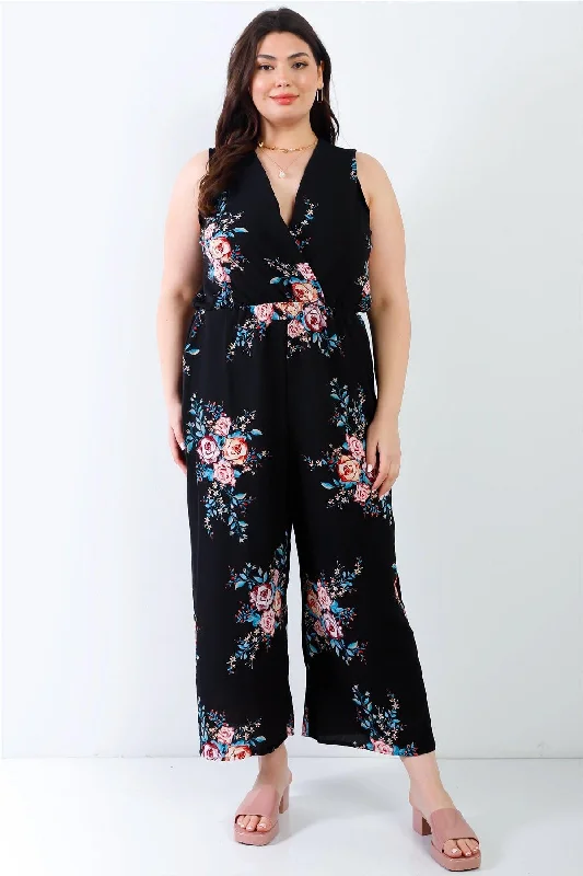 Junior Plus Black Flower Print Wrap V-Neck Back Self-Tie Detail Sleeveless Jumpsuit /3-3VNeckTopSteel