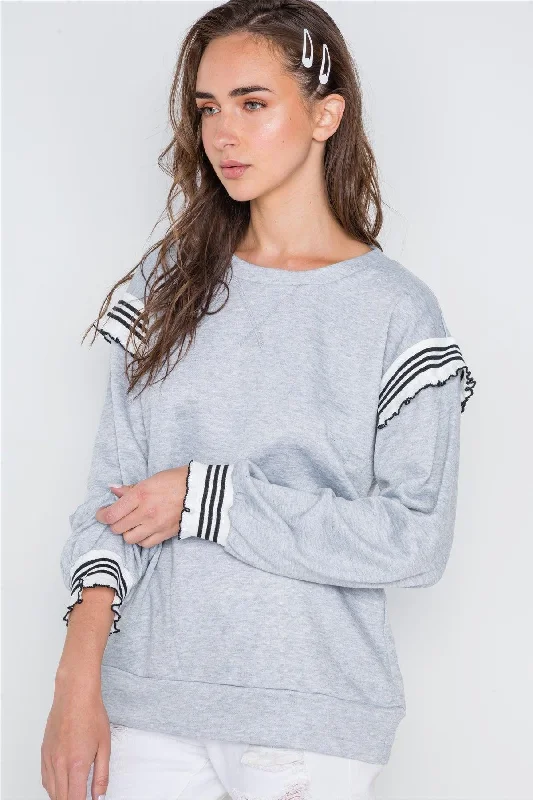 Heather Grey Long Sleeve Stripe Trim Sweater /2-2-2