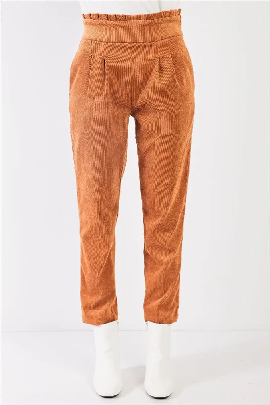 Bermuda ShortsCaramel Corduroy Frill Hem High Waist Ovoid Pleat Peg Legged Crop Pants /3-2-1