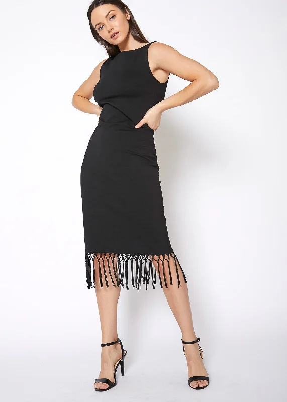 Tassel Hem Sleeveless Midi Bodycon Dress in BlackParty Dress