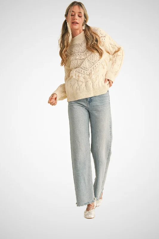 Lace Detail Crew Neck Knit Long Sleeve Sweater