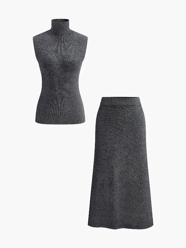 Minimalist Turtleneck Sleeveless Skirt Set