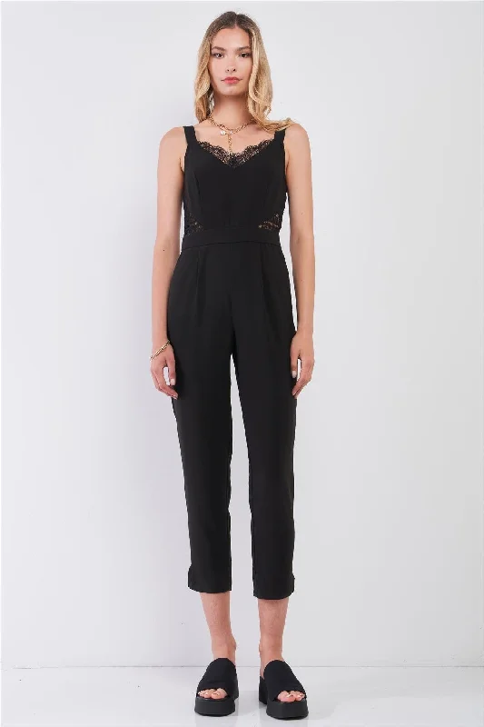 Black Sleeveless V-Neck Lace Trim Ankle Length Side Pocket Jumpsuit /2-2-1VNeckTopEclipse