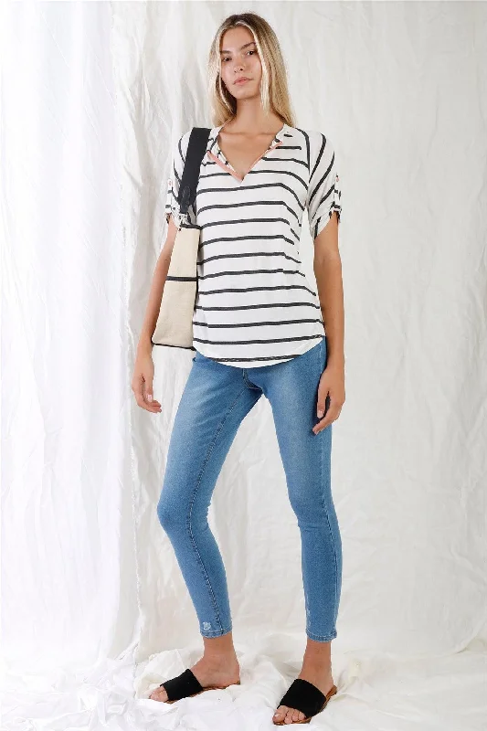 Cream & Grey Striped V-Neck With Vegan Leather Detail Short Roll Up Sleeve Relaxed Fit Top /1-3-1VNeckTopApex