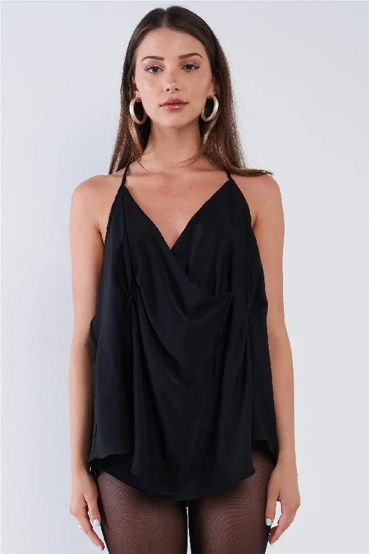 Black Satin Loose Fit Sleeveless Deep Plunge Double Wrap V-Neck Top /3-2-2VNeckTopSapphire