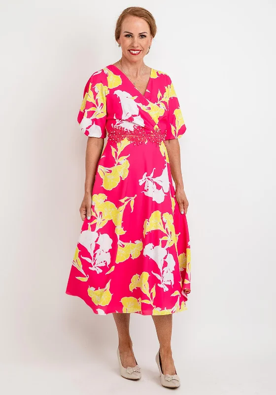 Lizabella Floral Embroidered Waist Midi Dress, Pink & YellowFit-and-Flare Dress