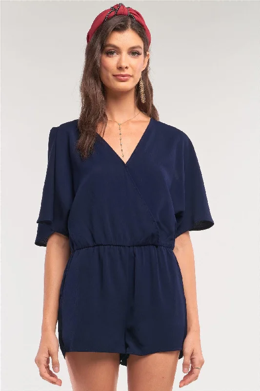 Navy V-Neck Wrap Self-Tie Back Flare Two Side Slip Sleeve Romper  /1-2-1VNeckTopPinnacle