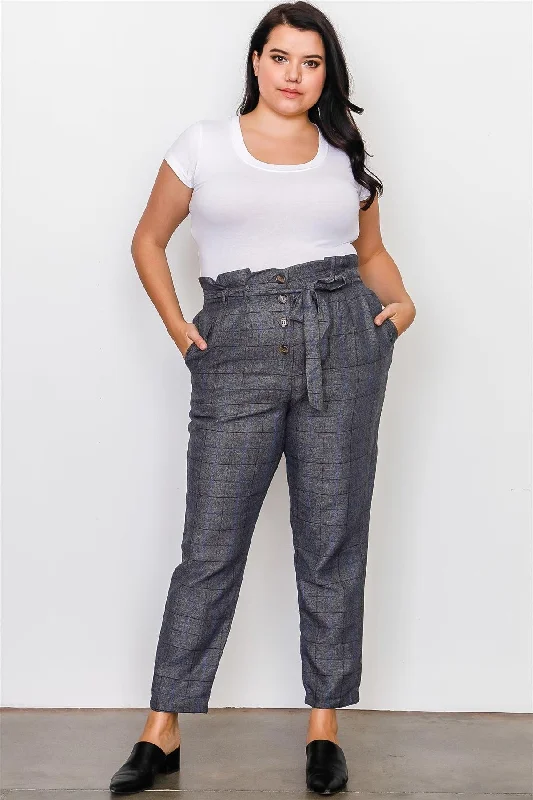 Stirrup PantsJunior Plus Size Grey Plaid Print Frill Waist Belted Pants /3-2-1