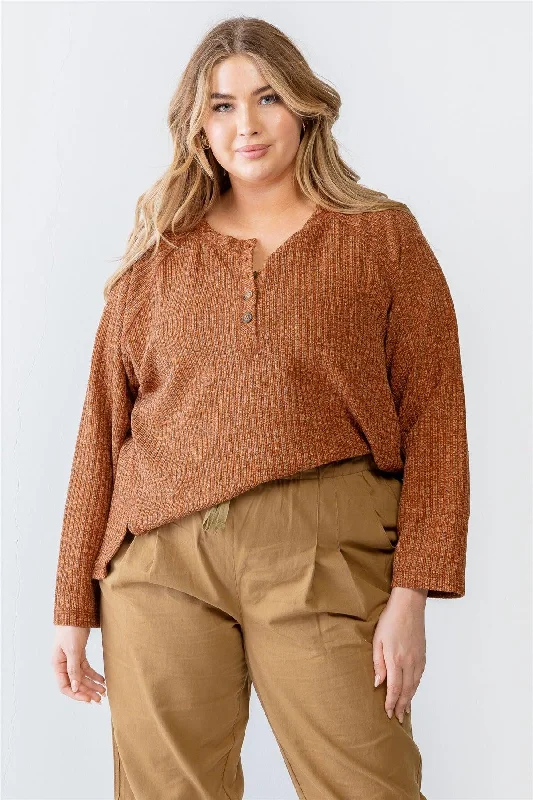 Junior Plus Rust Ribbed Button-Up Long Sleeve Sweater