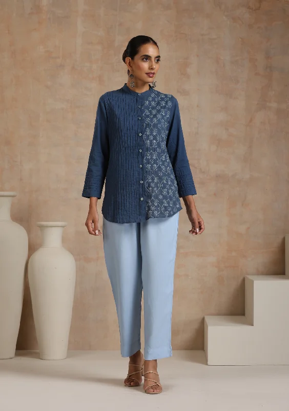 Cotton Chikankari Solid Women's Shirt with Pintucks - BlueVelvet Shirts