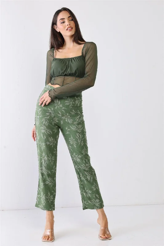 Wind PantsGreen Floral Print High Waist Two Pocket Pants /3-2-1