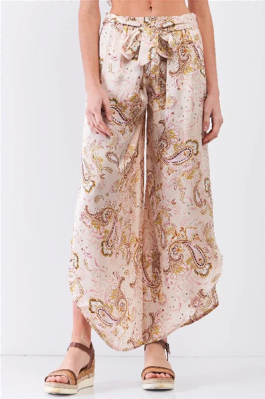 Stovepipe PantsChampagne Satin Paisley Print Self-Tie High Waisted Side Slit Detail Asymmetrical Pants /3-2-1