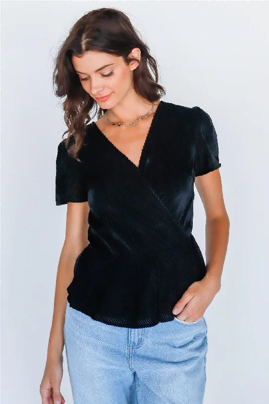 Black Velvet Wrap V-Neck Self Tie Short Sleeve Top /2-2-3VNeckTopInfinity