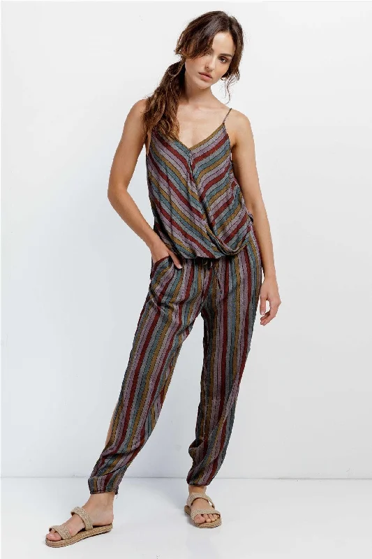 Multi Stripe V-Neck High-Low Cami & Side Slit Harem Pant Set  /3-2-1VNeckTopHalo