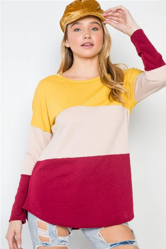 Mustard Red Colorblock Long Sleeve Sweater /2-2-2