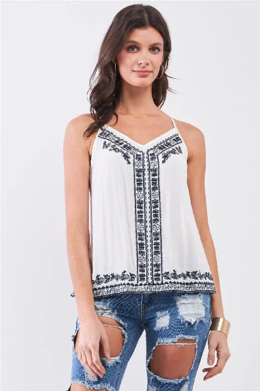 White Slavic Inspired Embroidery Detail Sleeveless V-Neck Babydoll Top /1-2-2-1VNeckTopMarine