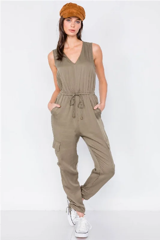 Olive Cargo Cinched Ankle Pant V-Neck Jumpsuit /3-3VNeckTopGold