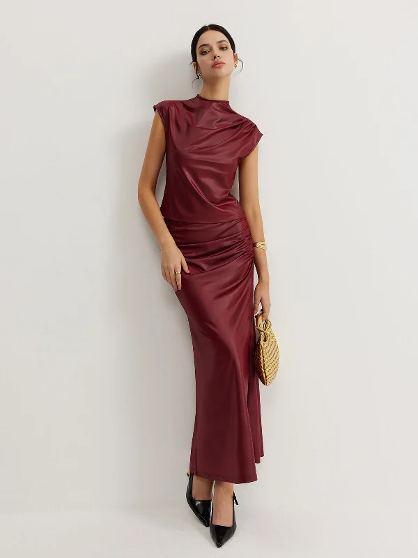 Plain Sleeveless Ruched Skirt Set