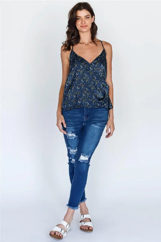 Blue Multi Floral Print Wrap V-Neck Sleeveless Top /1-2-2-1VNeckTopSummit