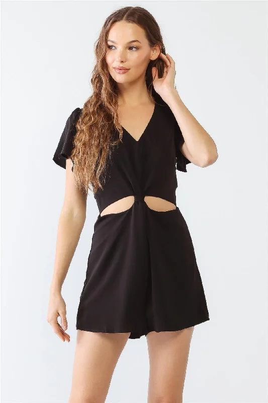 Black V-Neck Short Sleeve Cut-Out Detail Romper /3-2-1VNeckTopLunar