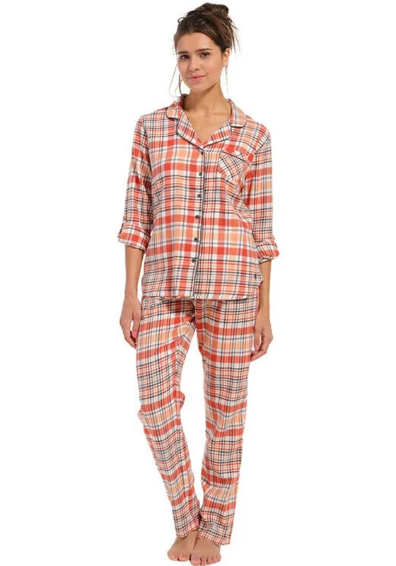 Rebelle Woven Flannel Long Sleeve Pyjama Set, Dark Salmon