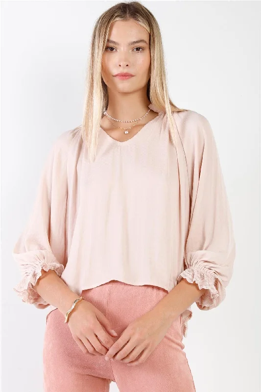 Boho Mauve Satin Effect Long Bishop Sleeve With Lace Trim V-Neck Loose Fit Top /3-2-1VNeckTopHalo