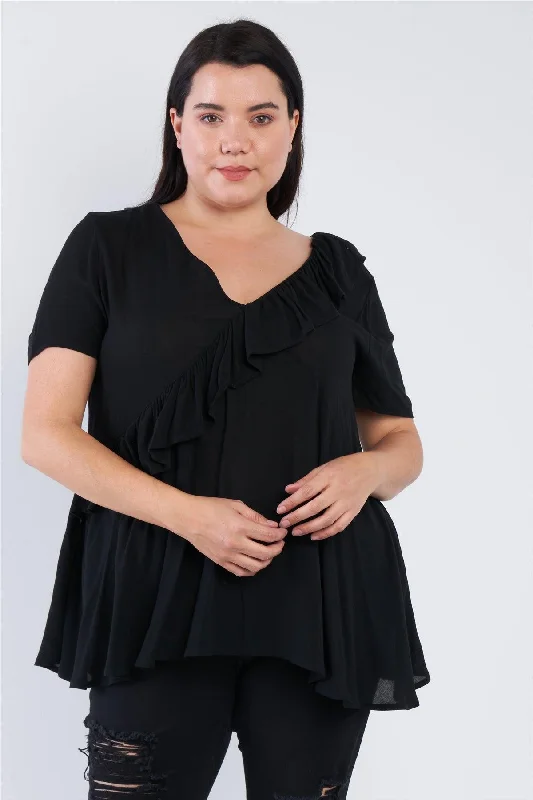 Junior Plus Size Black V-Neck Diagonal Ruffle Trim Short Sleeve Top /2-2-1VNeckTopPrime